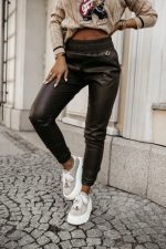 Kadın Yüksek Bel Lastikli Cepli Deri Pantolon - Görsel 2