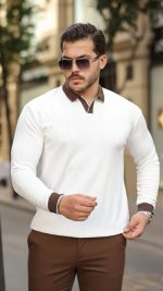 Erkek Renkli Yaka Manşet Uzun Kollu Triko - Görsel 2