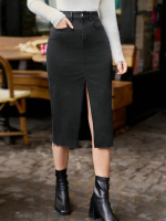 Kadın Yüksek Bel önden Yırtmaçlı Cepli Midi Kot Etek - Görsel 3