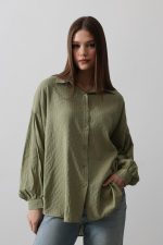 Çizgili Uzun Kol Gömlek - Haki - Görsel 3