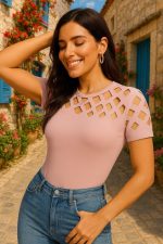 Kadın Kısa Kollu Baklava Desen Lazer Kesim Ithal Krep Bluz - Görsel 2