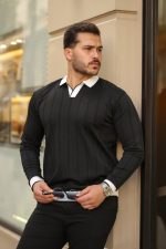 Erkek Renkli Yaka Manşet Uzun Kollu Triko - Görsel 2