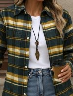 Kadın Uzun Kollu Kare Desenli önden Düğmeli Dokuma Gömlek - Görsel 2