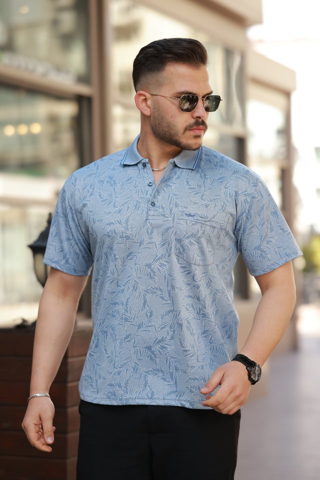 0d54657fcb6f62970e06aad6e2b01c18 Erkek Yakalı Jakar Baskılı Kısa Kollu T-shirt - Görsel 1