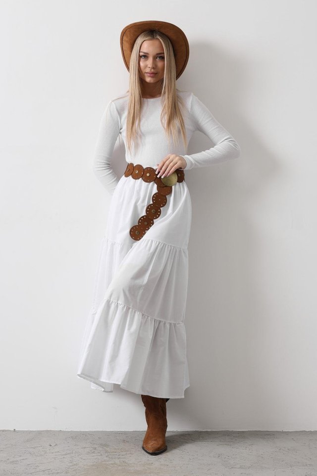 0d5ccaaf800f4e7f5597 Pamuklu Beli Lastikli Etek - Beyaz - Görsel 1