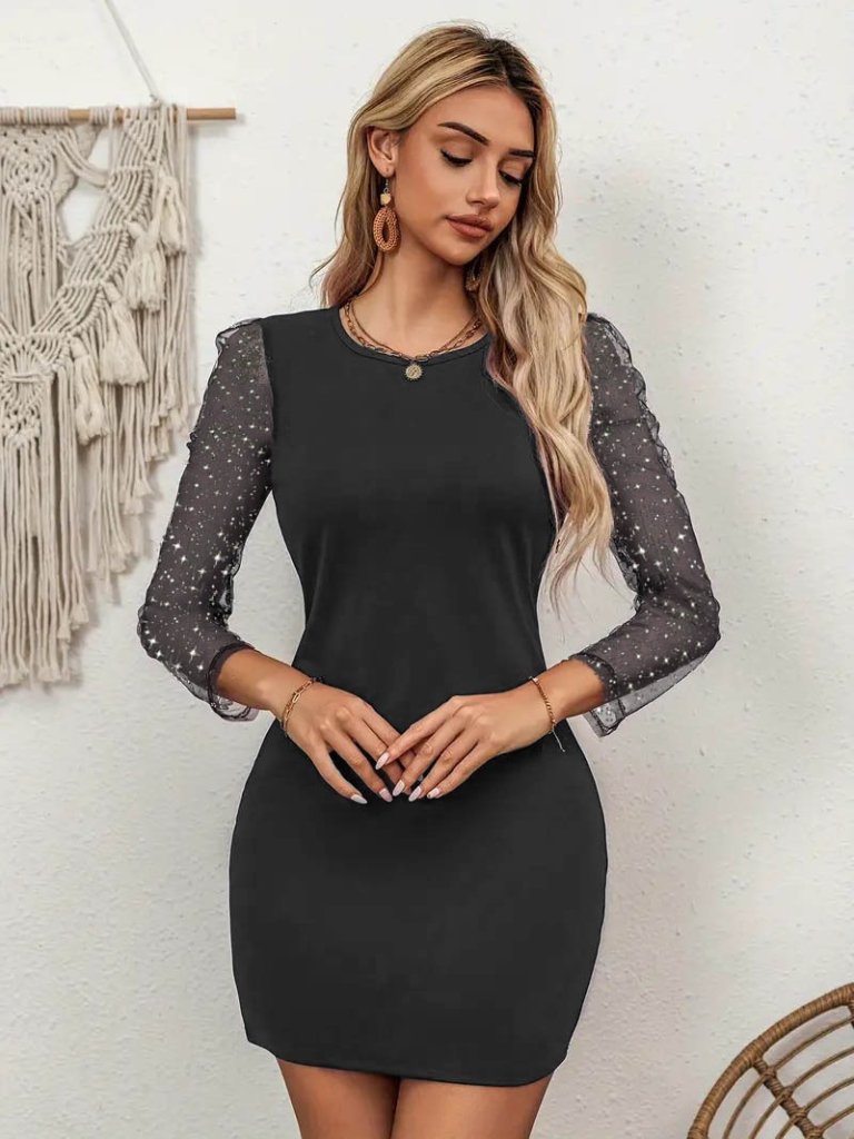 0e19ffaa8cce9b1c1e97 Kadın Bisiklet Yaka Kol Tül Detay Dalgıç Mini Boy Elbise - Görsel 1