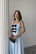 Bebe Mavi Fiyonk Garnili Dantelli Elbise - Görsel 3