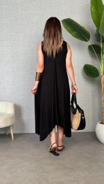 Kadın çan Dokuma Kumaş V Yaka Asimetrik Kesim Elbise - Görsel 3