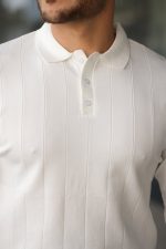 Erkek Düğmeli Yaka çizgi Dokulu Uzun Kollu Triko - Görsel 2