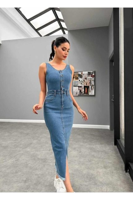 Mavi Likralı Kot Jile Elbise