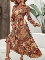 Kadın Uzun Kollu V Yakalı Beli Lastikli Desenli Süprem Elbise