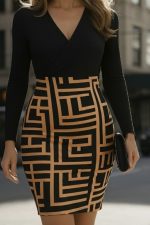 Kadın Uzun Kollu Kruvaze Yaka Labirent Desen Dalgıç Elbise - Görsel 2