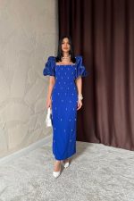 Saks İşlemeli Kolu Garnili Elbise - Görsel 3