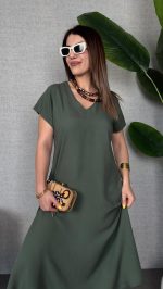 Kadın Kısa Kollu V Yaka Salaş Maxi Boy Elbise - Görsel 3