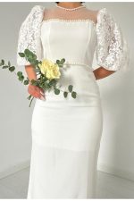 Beyaz İncili Tül Detay Elbise - Görsel 3