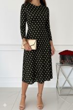 Kadın Uzun Kollu Bisiklet Yaka Puantiyeli örme Krep Midi Elbise - Görsel 3