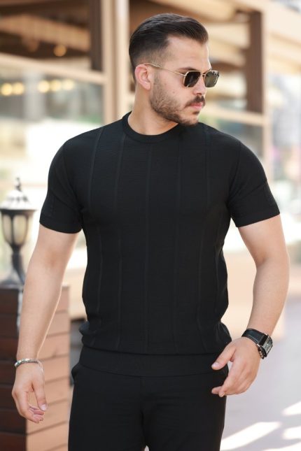 Erkek Desenli çizgi Kabartmalı Kısa Kollu Tişört