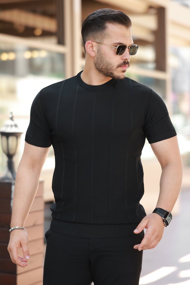 10a646c8cb308d500363424ef78670cb Erkek Desenli çizgi Kabartmalı Kısa Kollu Tişört - Görsel 1