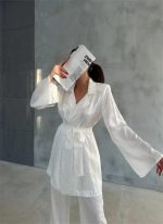 VİSKON JAKARLI BAĞLAMALI GÖMLEK - PANTOLON TAKIM - Beyaz - Görsel 2