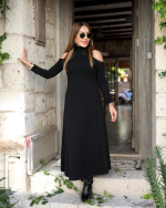 Kadın Balıkçı Yaka Omuzlardan Açık Uzun Kollu Janjan Krep Elbise - Görsel 3