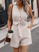 Kadın Sıfır Kollu Yakalı Düğmeli Belden Kuşaklı Kısa Keten Tulum