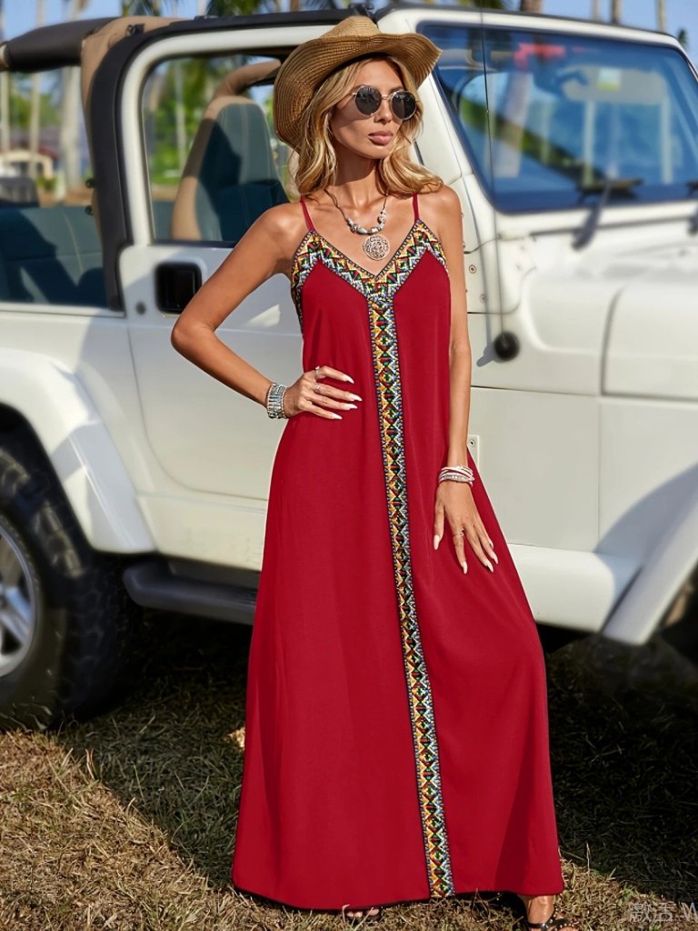 114f7e1cbda9dc4fdf70 Kadın Askılı V Yakalı Etnik şerit Detaylı Uzun Viskon Elbise - Görsel 1