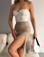 Kadın Fermuarlı Deri Kumaş Mini Etek - Görsel 3