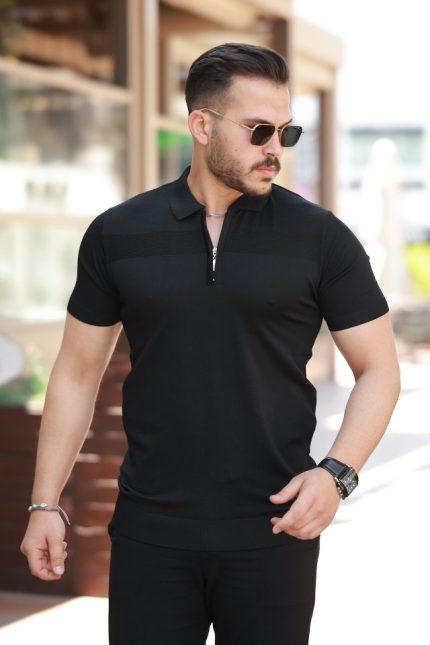 Erkek Göğüs Pirinç Desenli Fermuar Yakalı Kısa Kollu Tişört