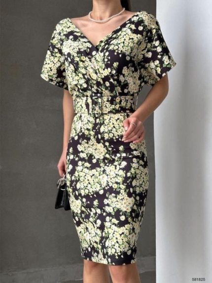 Kadın Dalgıç Kumaş V Yaka çiçek Desenli Kuşaklı Kalem Elbise