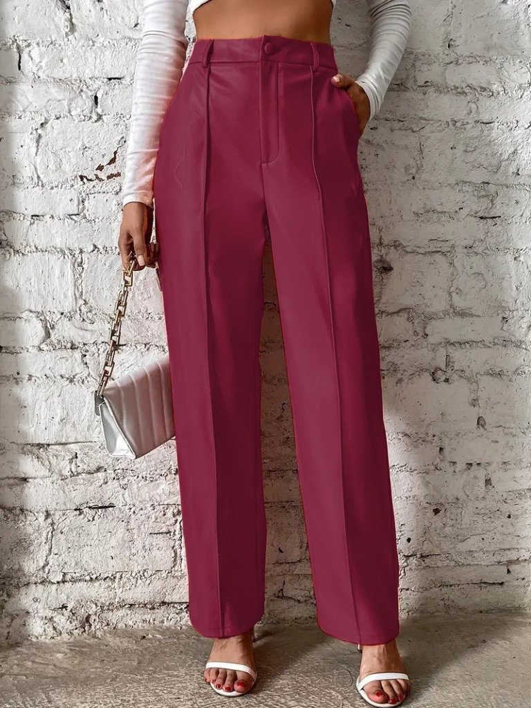 12cb03a60e8bdead54d1 Kadın önden Fermuarlı Cepli Geniş Kesim Lame Deri Pantolon - Görsel 1