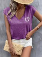 Kadın Kısa Kollu V Yakalı Kalp Baskılı Viskon Bluz - Görsel 3