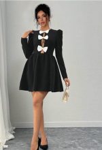 Kadın Dalgıç Kumaş Fiyonk Detaylı Uzun Kollu Mini Boy Elbise - Görsel 2