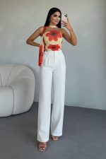 Kadın Yüksek Bel Plise Detay Bol Paça Pantolon - Görsel 2