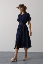 Kuşaklı Cep Detaylı Yarım Kol Elbise - Lacivert - Görsel 2