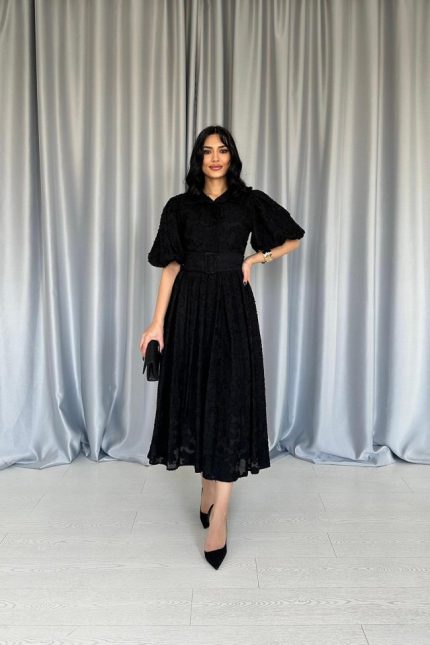 Siyah Kemerli Balon Kollu Elbise