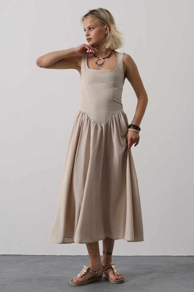 150d2dd3ac2910df9fb8 Askılı Uzun Elbise - Taş - Görsel 1