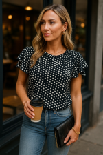 Kadın Kısa Kollu Kolları Volanlı Baskılı Süprem Bluz