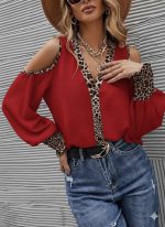Kadın Omuzlardan Açık Yakalı önden Düğmeli Leopar Detaylı Sandy Bluz - Görsel 2