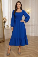 Kadın Uzun Kollu Kare Yakalı Gipeli Uzun Trikoton Elbise