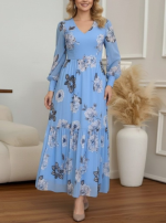 Kadın Uzun Kollu V Yakalı çiçek Desenli Maxi Süprem Elbise - Görsel 3