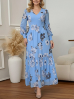Kadın Uzun Kollu V Yakalı çiçek Desenli Maxi Süprem Elbise
