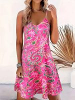 Kadın Ip Askılı V Yakalı Desenli Kısa Süprem Mini Elbise - Görsel 3