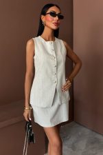 Uzun Yelek Mini Etek Flamlı Keten Takım 10148 - Görsel 2