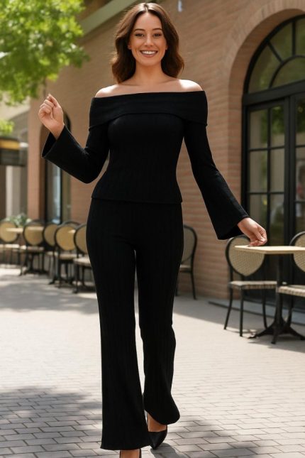 Kadın Uzun Kollu Madonna Döküm Yaka Bluz Ve Pantolon Ikili Takim