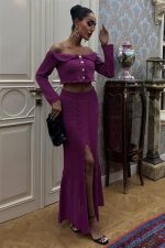 Madonna Yaka Derin Yırtmaç Etekli Şık Triko Takım 10099