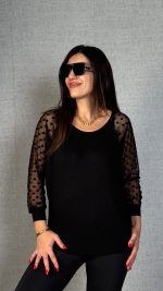 Kadın Yarasa Kol Puantiyeli Tül Detay Bluz - Görsel 2