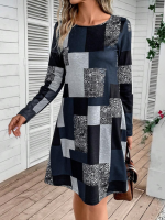 Kadın Uzun Kollu Yuvarlak Yaka Geometrik Süprem Elbise - Görsel 3