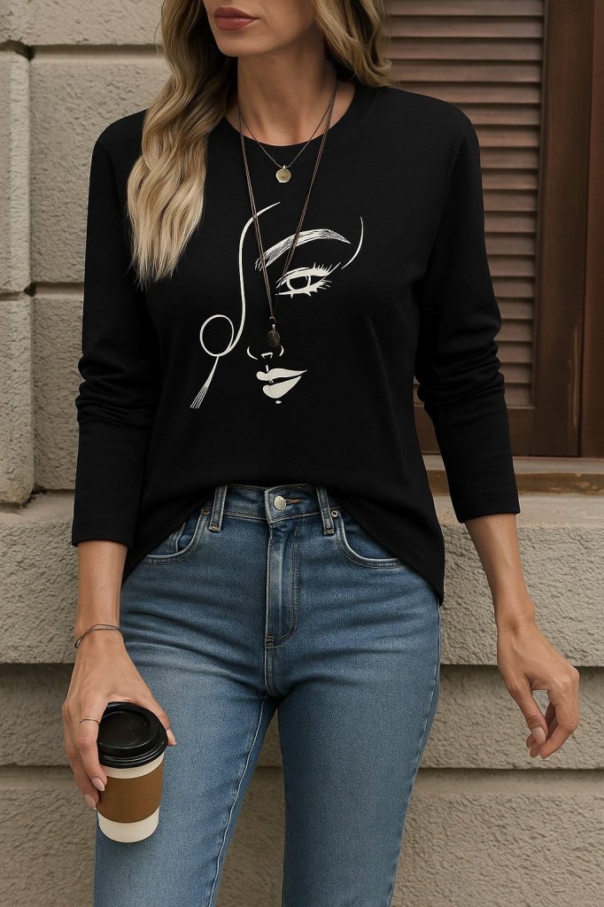 197d8b6d433a6b4086e5 Kadın Uzun Kollu Bisiklet Yaka Yüz Desenli Viskon Bluz - Görsel 1