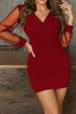 Kadın Uzun Kollu Kruvaze Yakalı Taşlı Mini Ithal Krep Elbise - Görsel 3