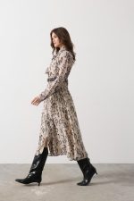 Yılan Desen Uzun Yaka Detaylı Elbise - Krem-Siyah - Görsel 3